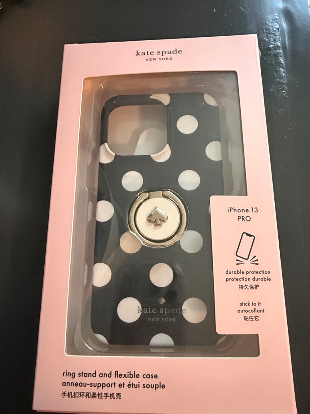kate spade Black and White Polka Dot iPhone 13 Pro Case with Ring Stand